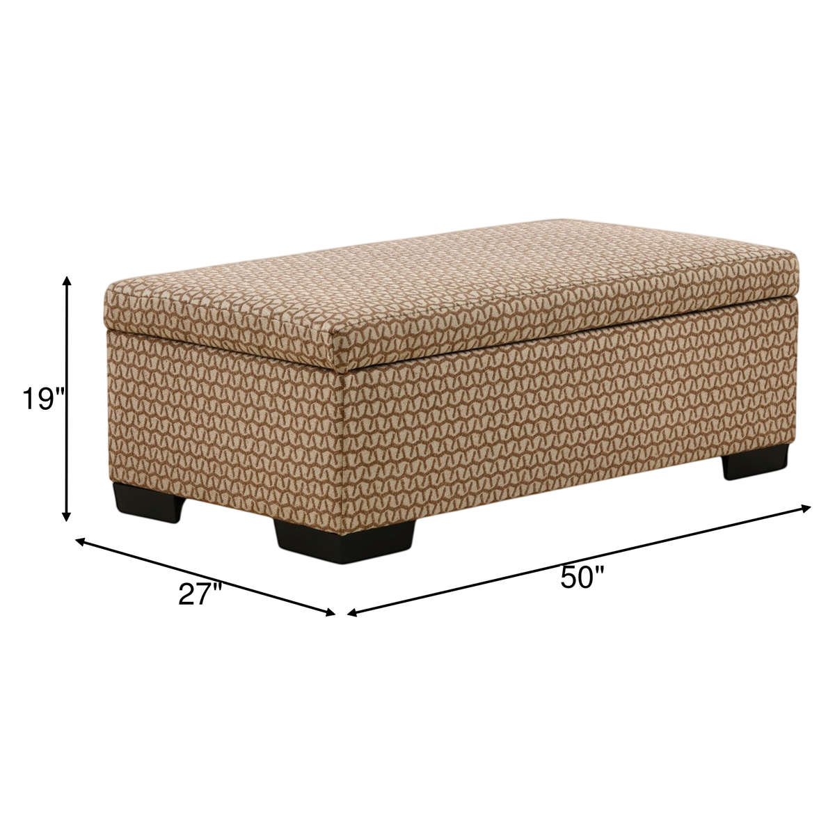 Tan storage ottoman, 50"L x 27"W x 19"H, geometric fabric and black legs