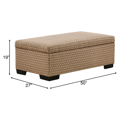 Tan storage ottoman, 50"L x 27"W x 19"H, geometric fabric and black legs
