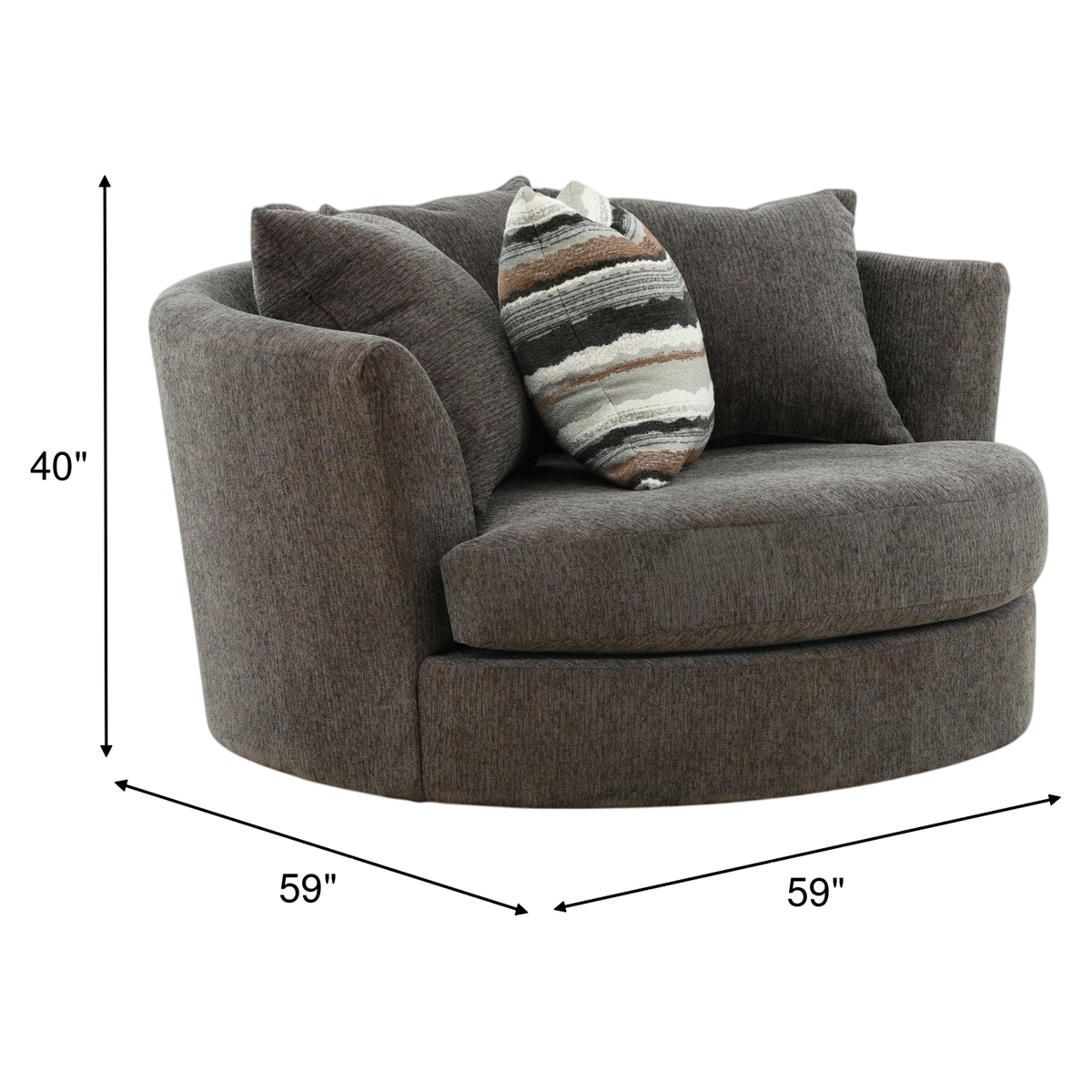 Gray armchair with striped pillow; 59 in wide and 40 in high