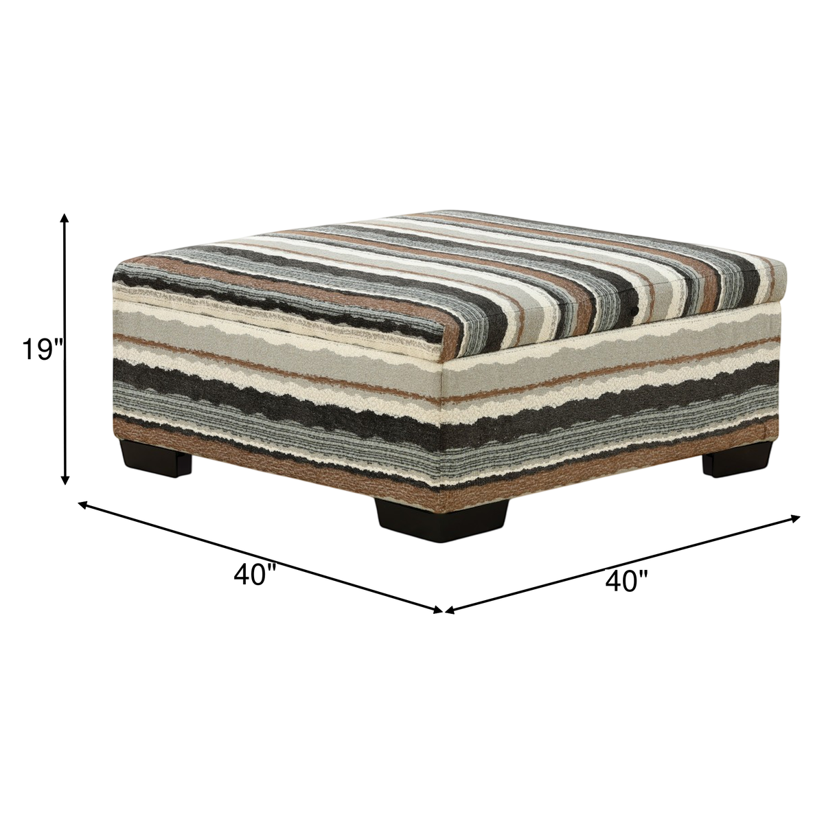 Striped fabric storage ottoman with hinged top and black legs, rectangular bench style