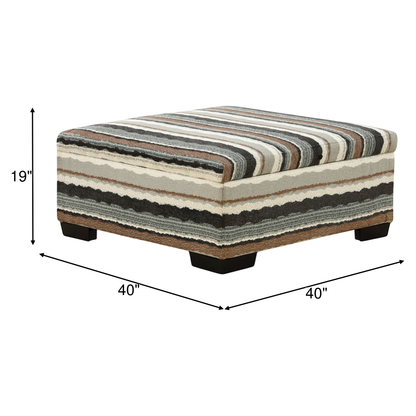 Striped fabric storage ottoman with hinged top and black legs, rectangular bench style