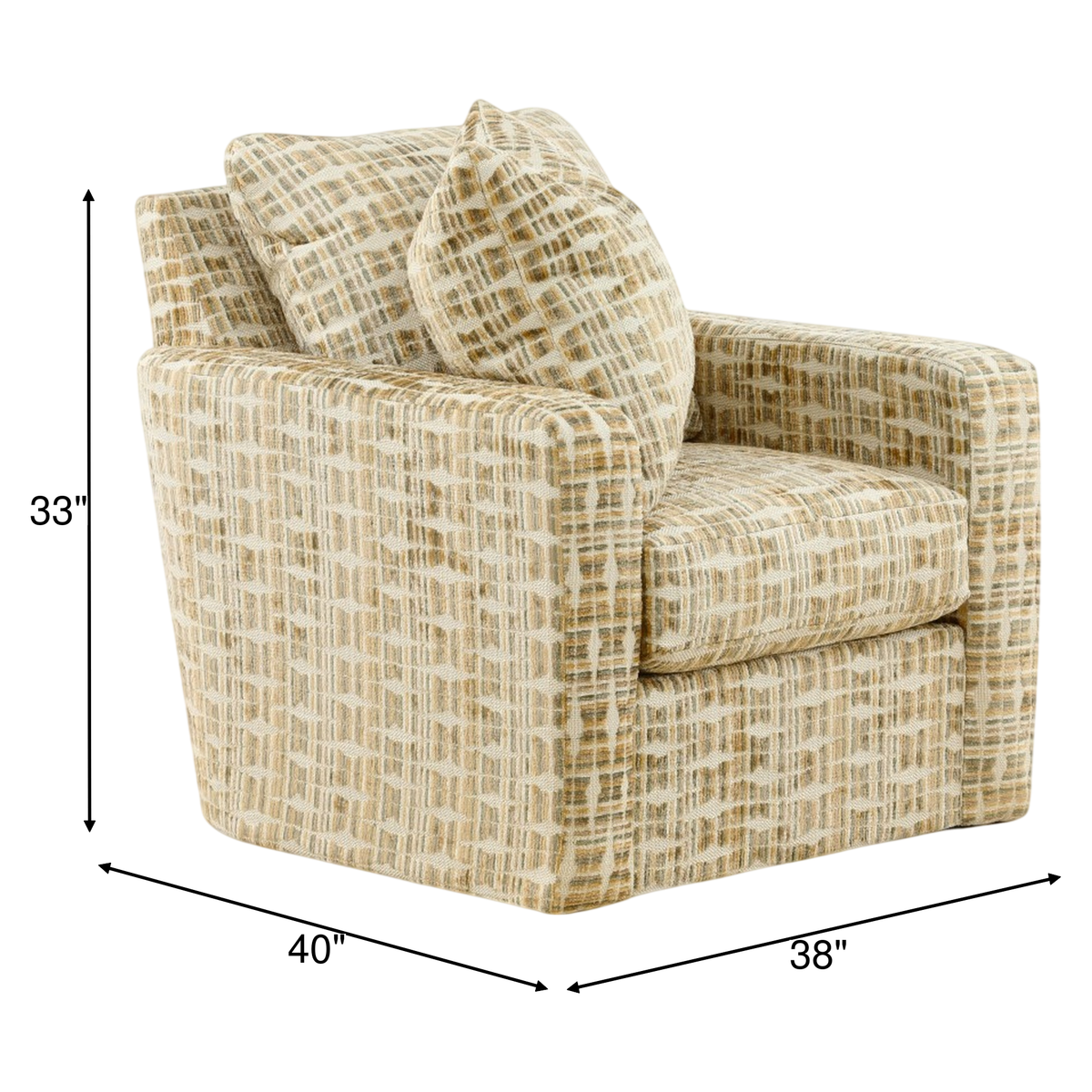 Upholstered accent chair with beige and white woven pattern, rounded arms, square seat