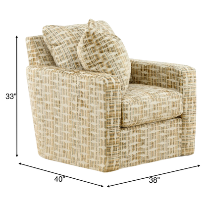 Upholstered accent chair with beige and white woven pattern, rounded arms, square seat