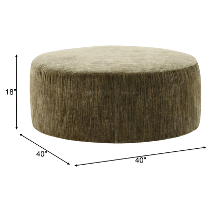 Round upholstered ottoman, olive textured fabric, 40-inch diameter and 18-inch height.