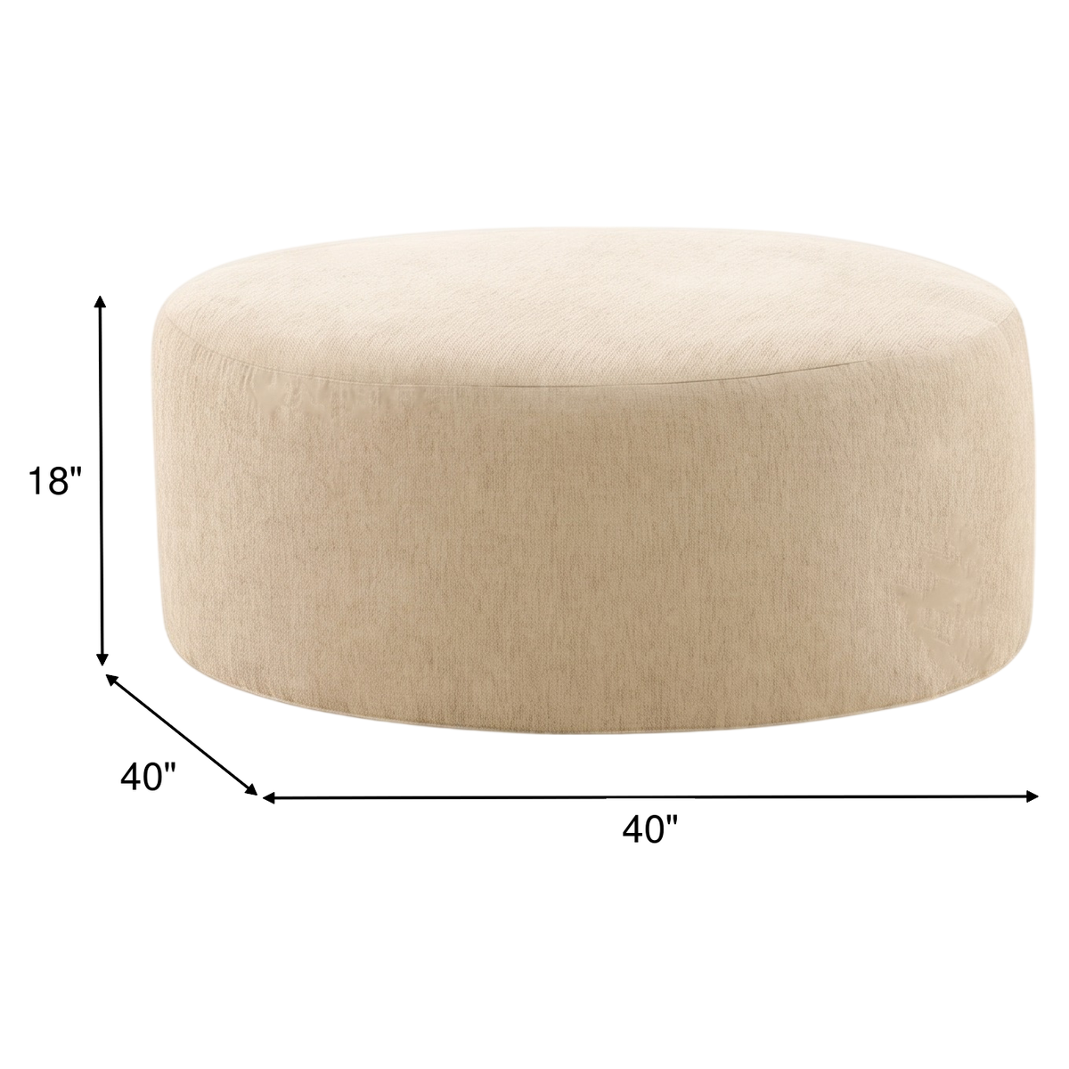 Light beige round ottoman, 40" diameter and 18" height, upholstered cylinder shape