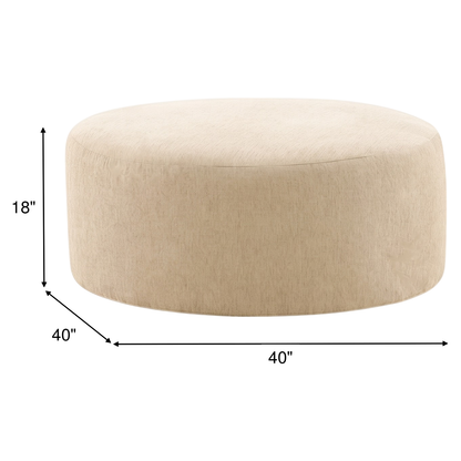 Light beige round ottoman, 40" diameter and 18" height, upholstered cylinder shape