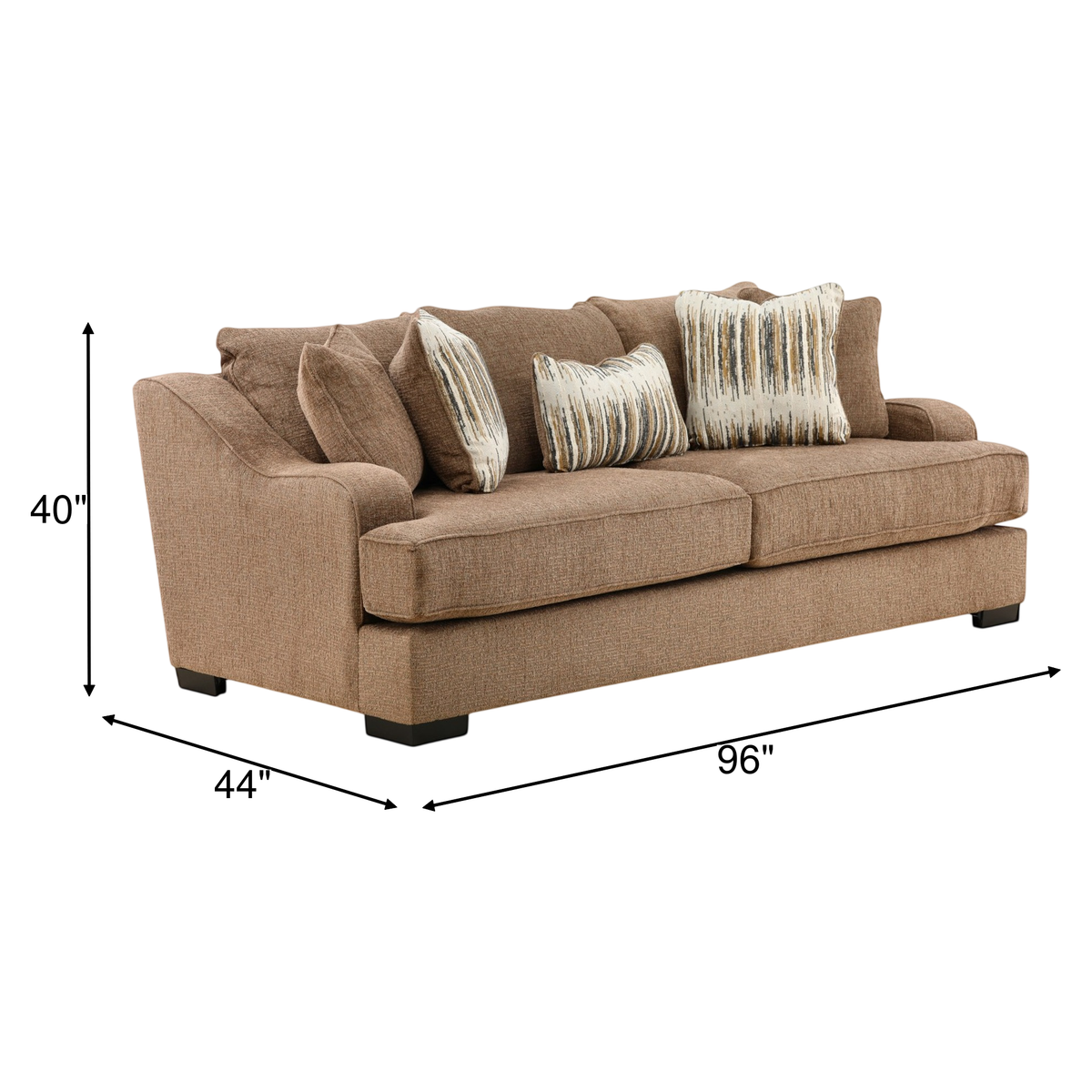 Upholstered sofa with taupe fabric, square arms, dark legs, and striped throw pillows