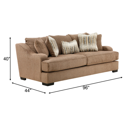 Upholstered sofa with taupe fabric, square arms, dark legs, and striped throw pillows