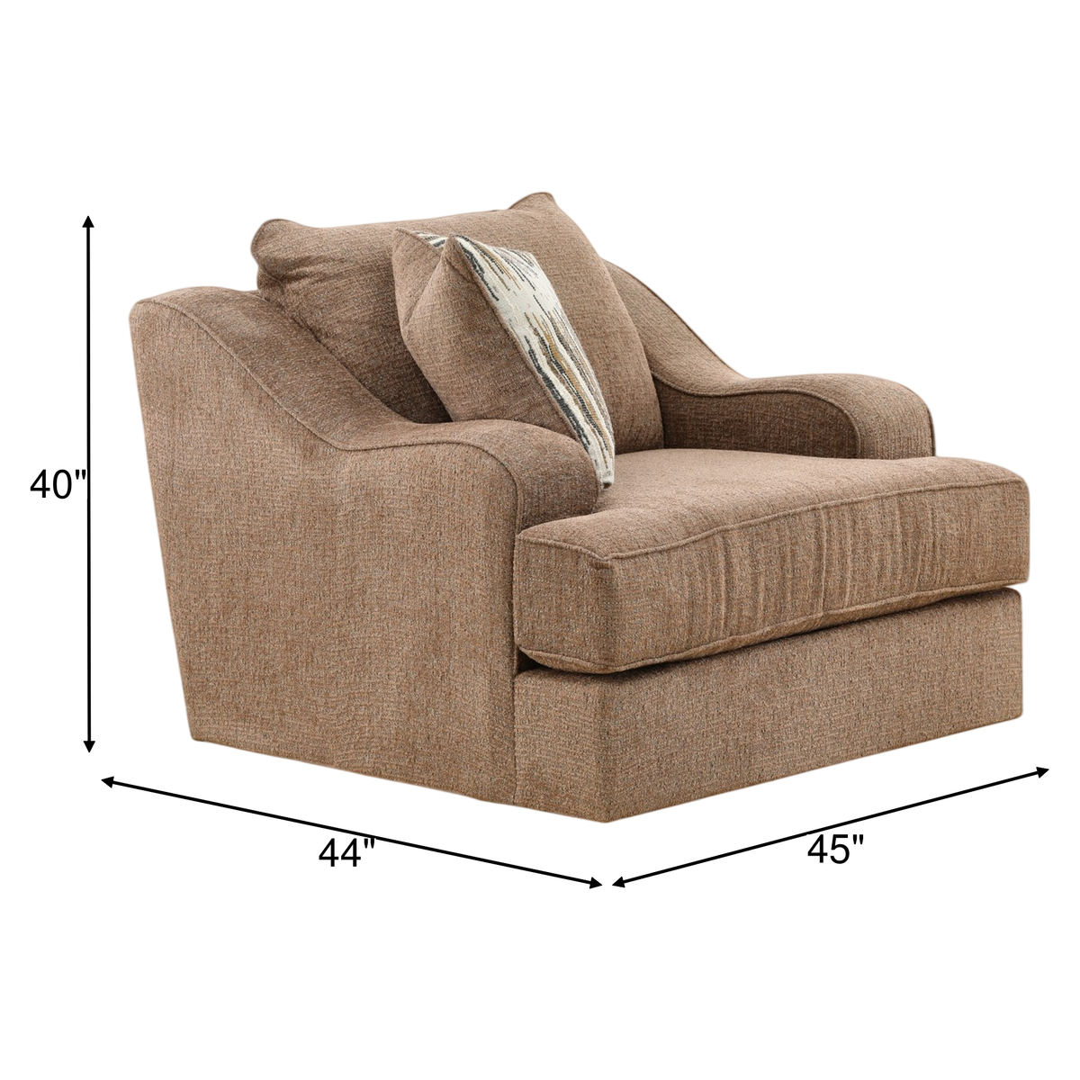 Taupe swivel chair with dimensions: 44"W x 45"D x 40"H