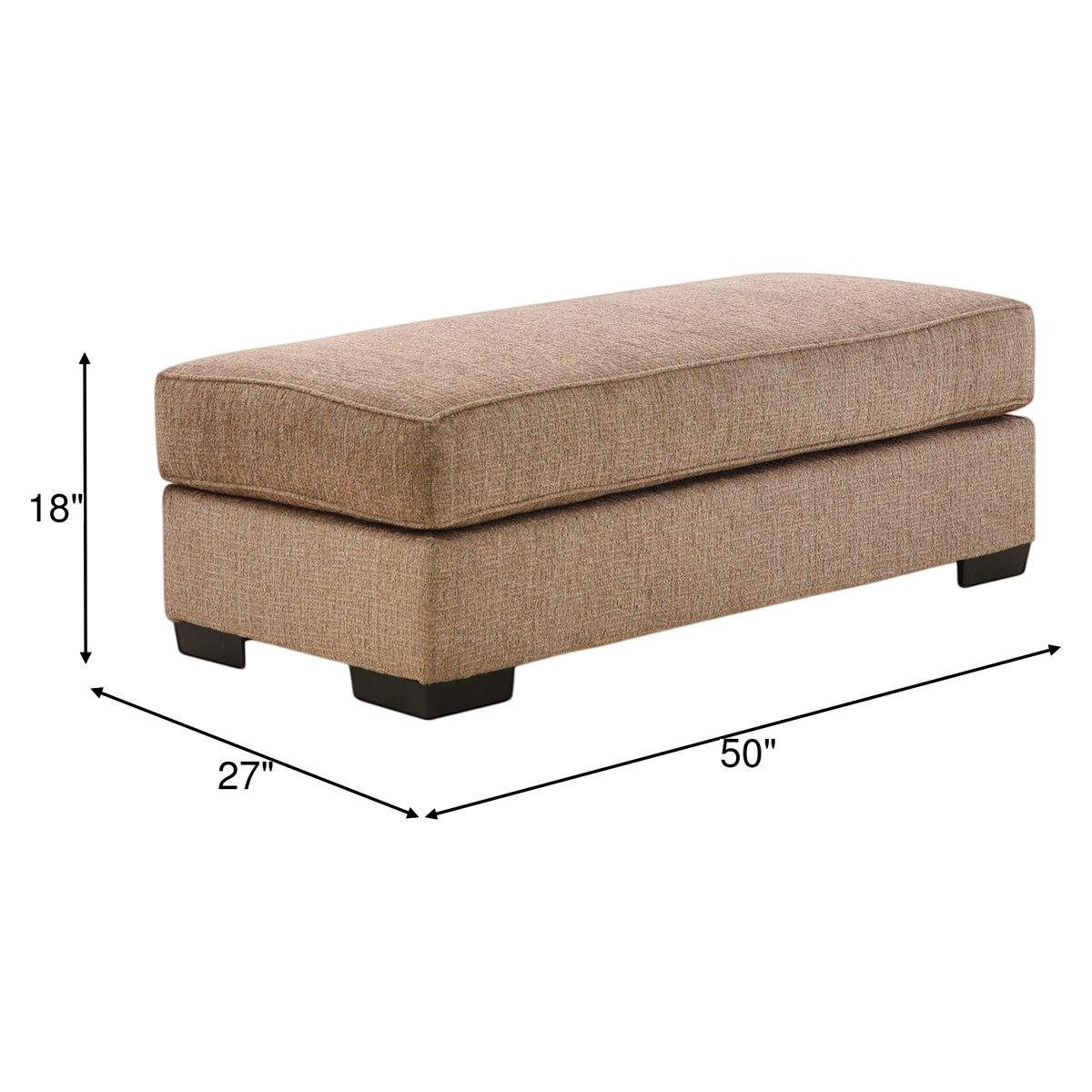 Beige upholstered ottoman bench with hinged top, black legs, 50x27x18 in