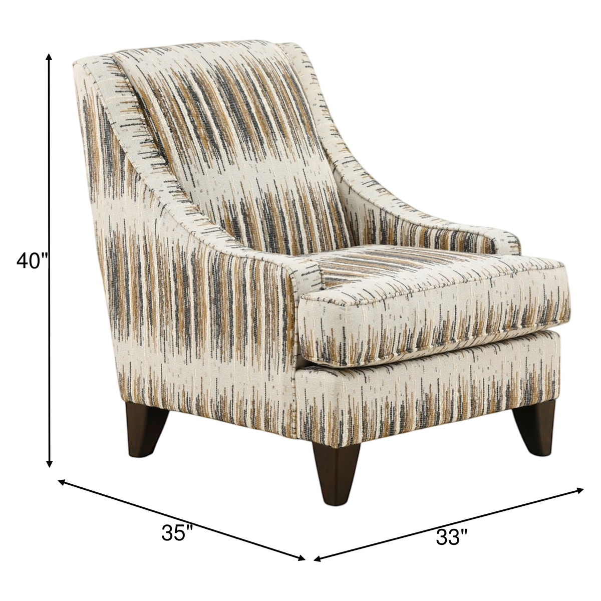 Upholstered accent chair with beige striped fabric, curved back, square arms, dark wooden legs