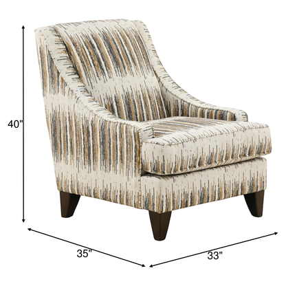 Upholstered accent chair with beige striped fabric, curved back, square arms, dark wooden legs