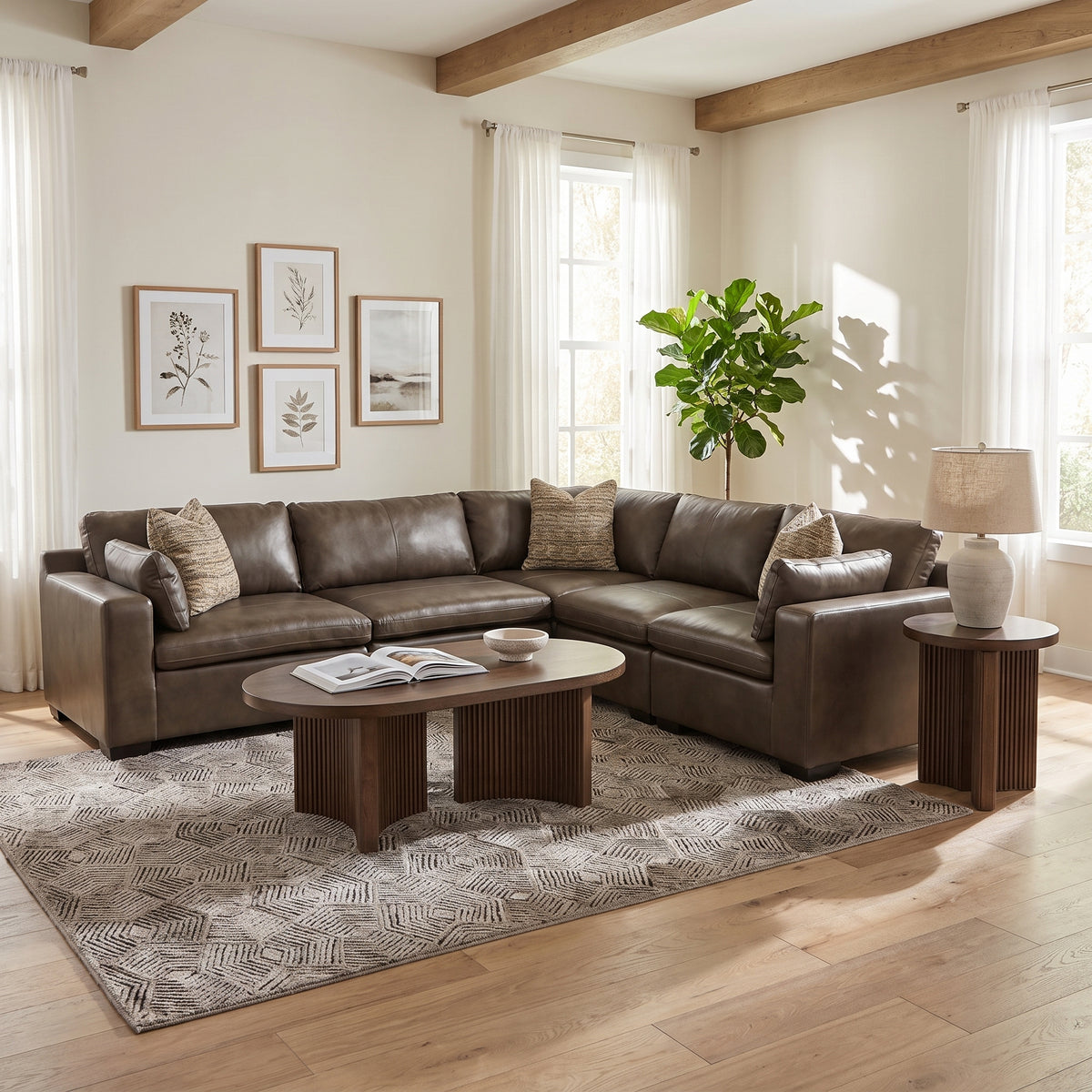 Dark brown leather modular sectional sofa with cushioned arms and back, L-shaped layout