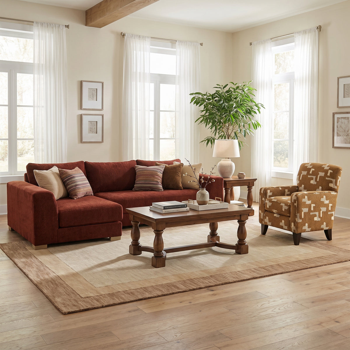 Brown fabric accent ottoman with square seat and wooden legs