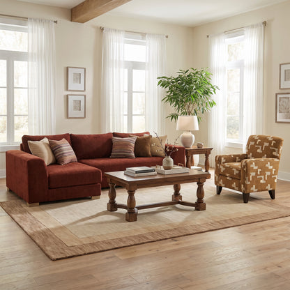 Brown fabric accent ottoman with square seat and wooden legs