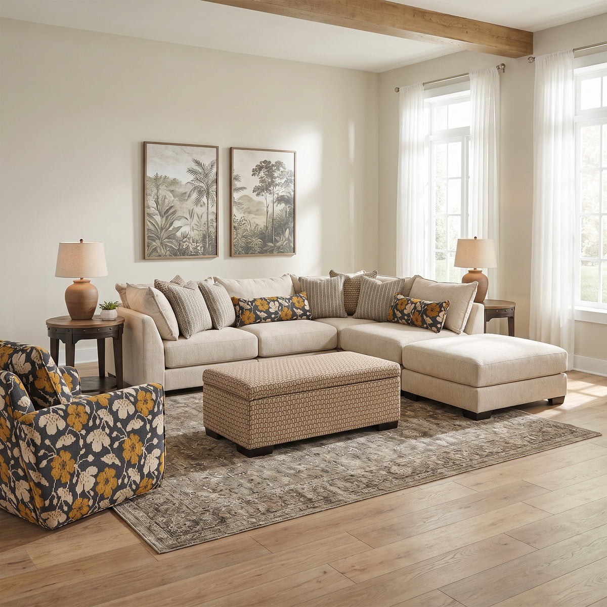 Upholstered accent armchair with floral fabric, cushioned seat, and wide armrests