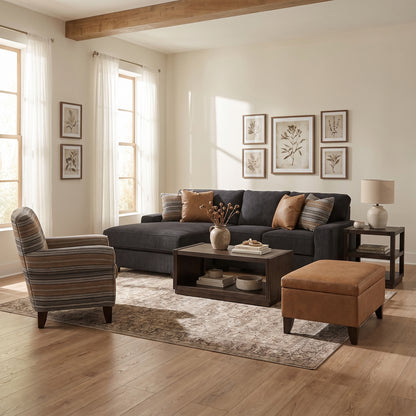 Upholstered accent chair with dark charcoal horizontal stripes and curved wooden legs