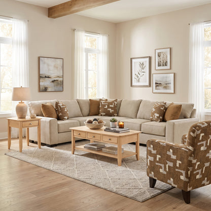 Upholstered accent chair with tan-and-brown geometric pattern and wooden legs