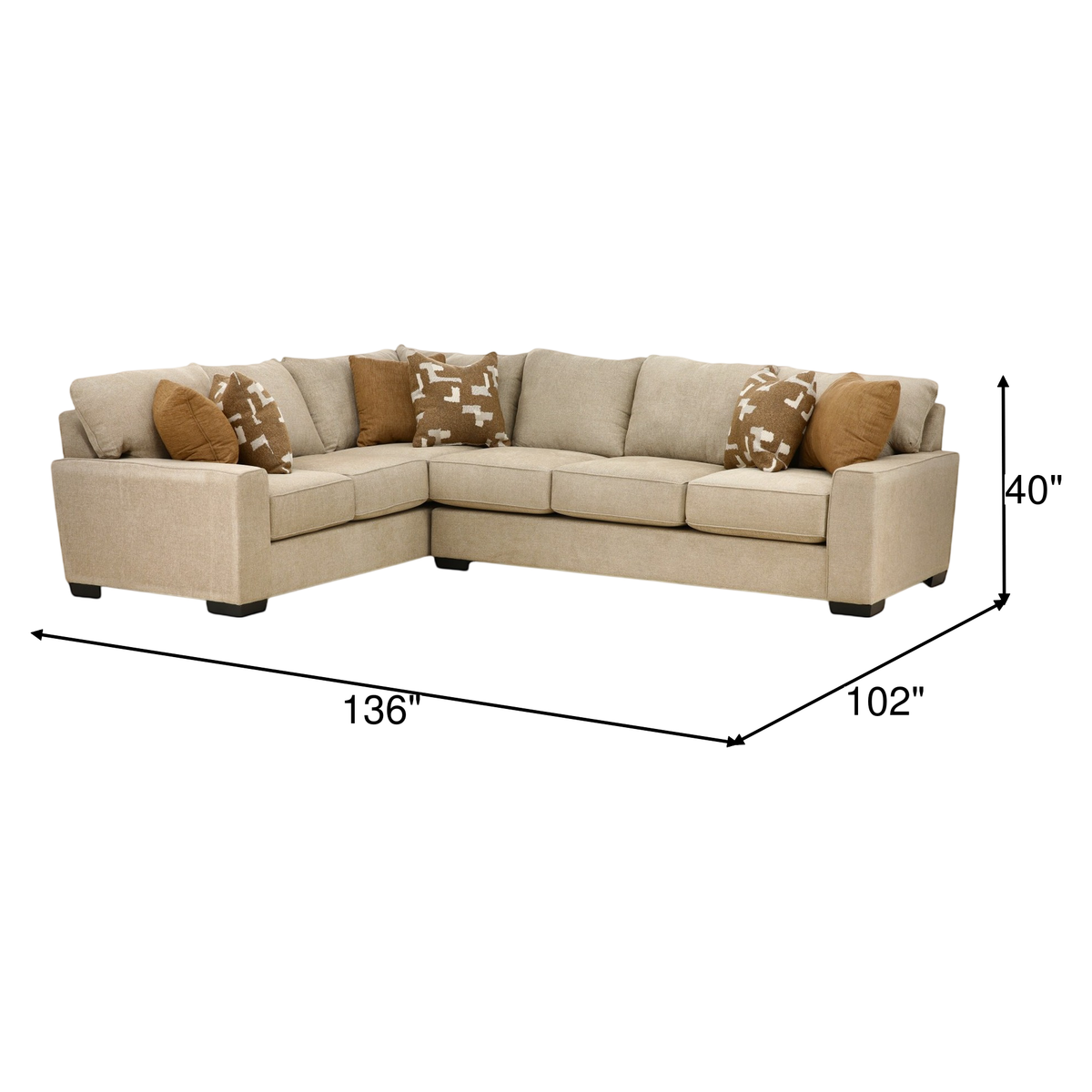 Beige sectional sofa, 136"x102"x40", with chaise and patterned pillows