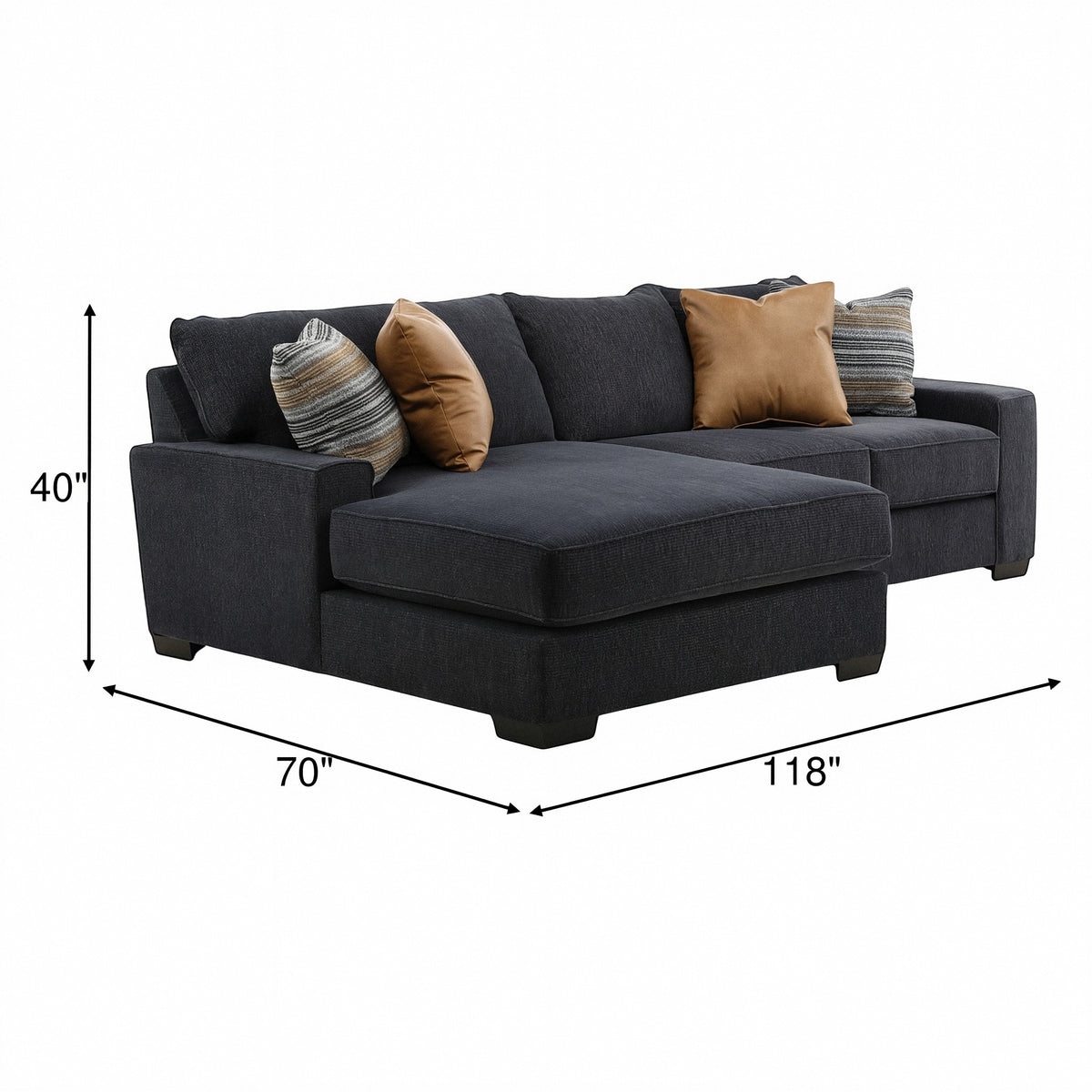 Charcoal fabric sectional with chaise, tan pillows, and striped accent cushions