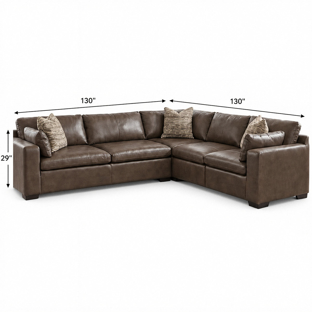 Dark brown leather modular sectional sofa with corner and square arms, includes throw pillows