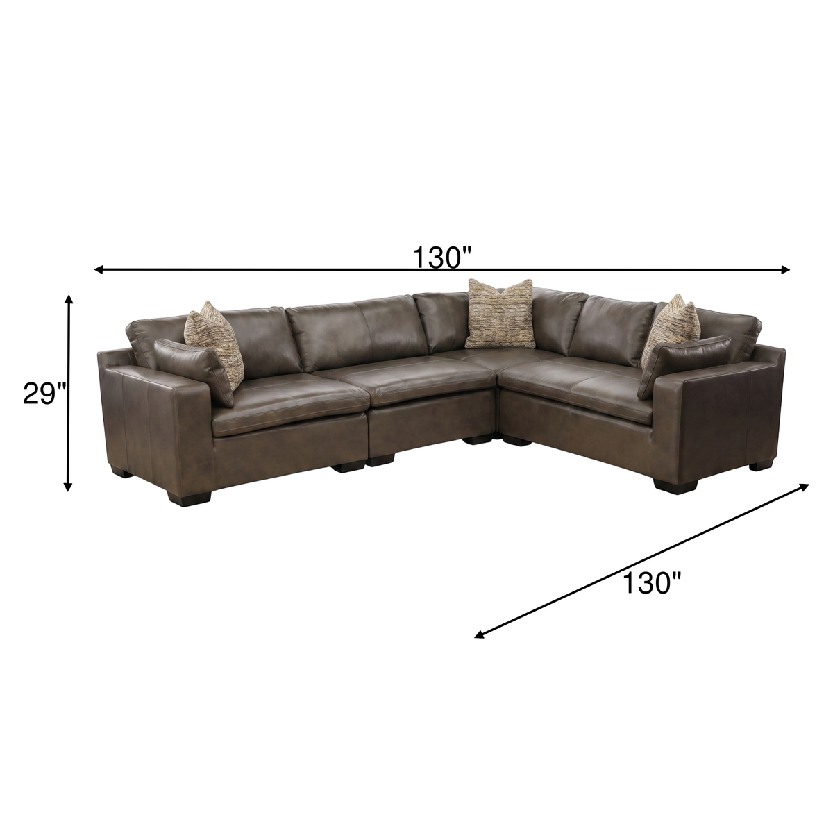 Dark brown leather L sectional, 130 in x 130 in, 29 in high, 4 pillows