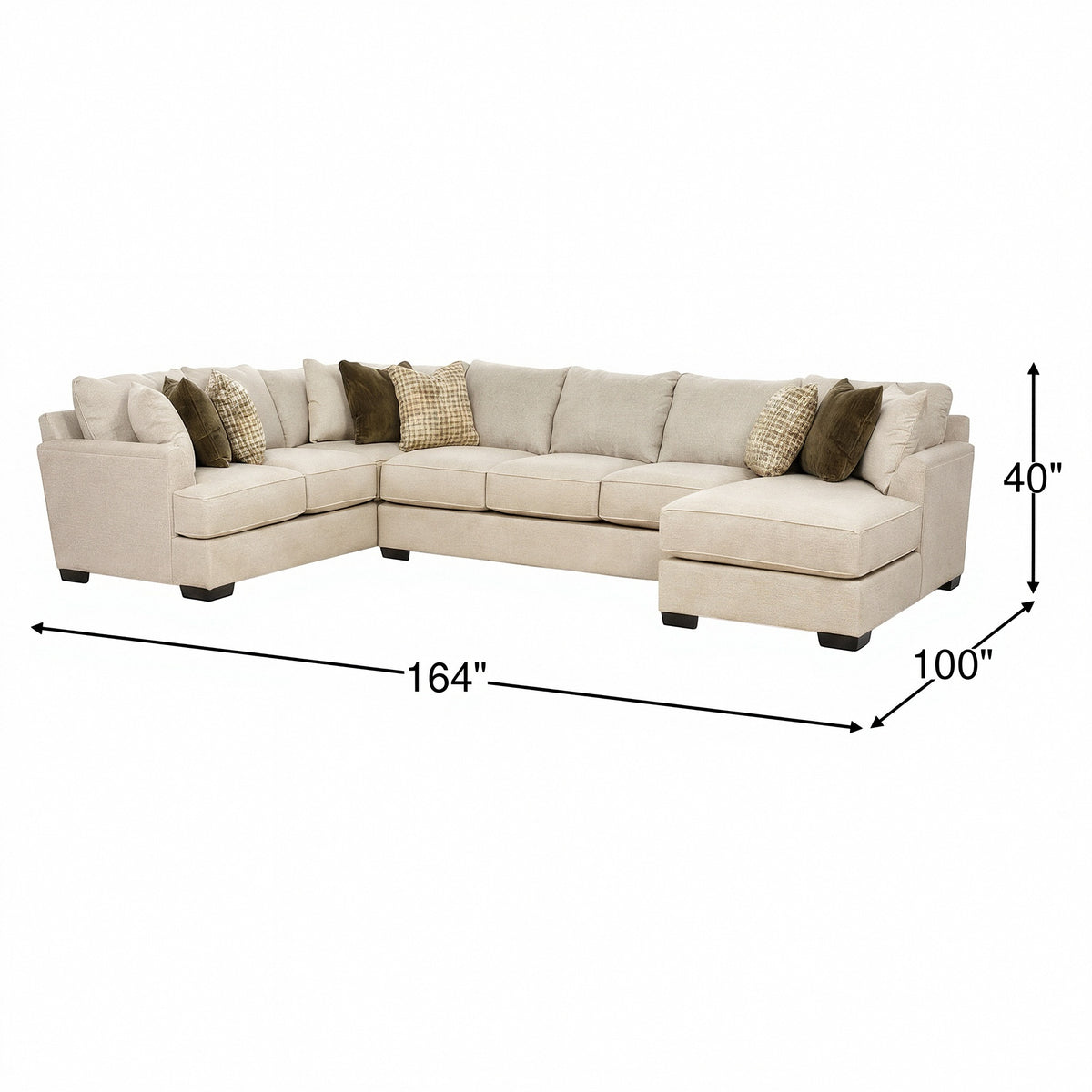 Three-piece sectional sofa with chaise, light beige; dimensions shown 164 in x 100 in