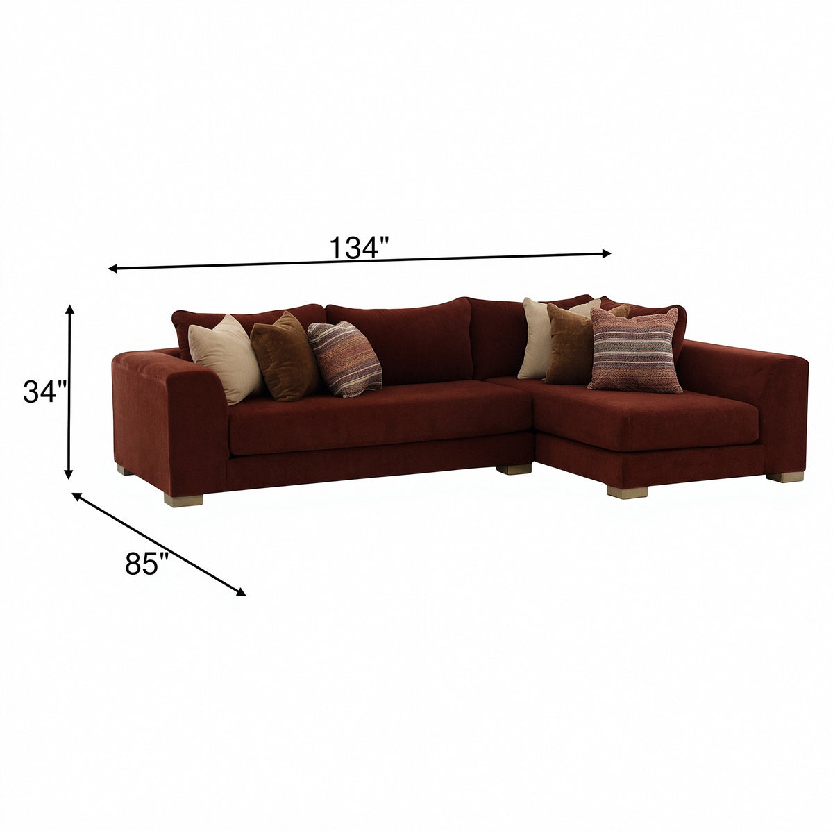 Brown 2-piece sectional sofa with chaise and three decorative pillows; dimensions shown