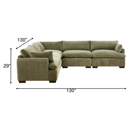 Olive green modular sectional sofa with chaise, 5-piece configuration, square arms, tufted back