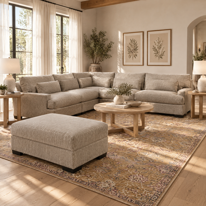 Light beige modular sectional sofa set with chaise and ottoman