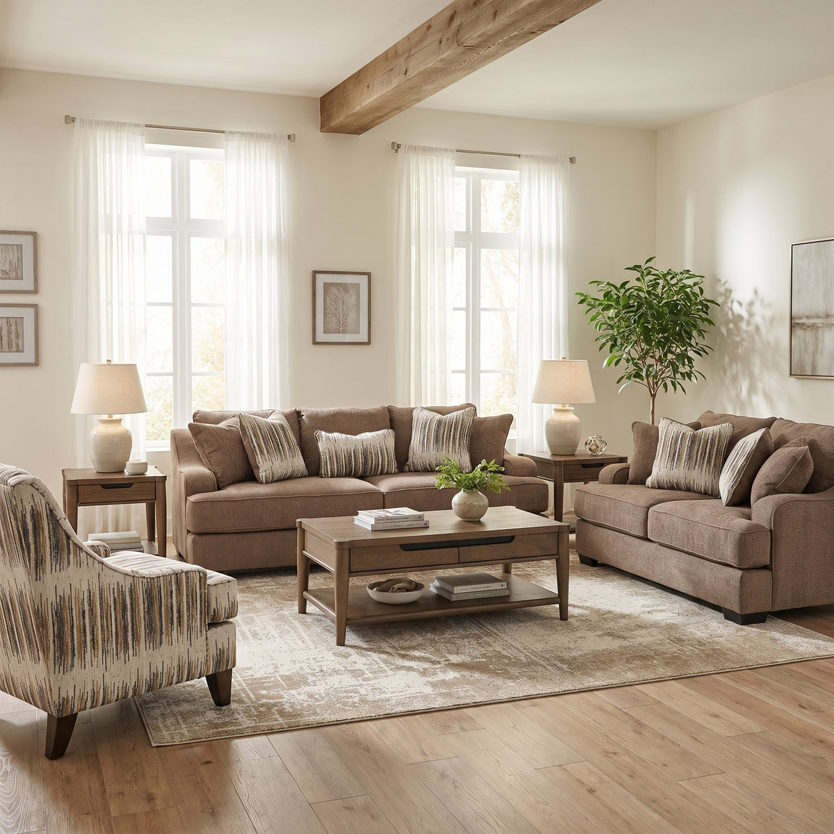 Taupe fabric sofa with matching throw pillows and wooden legs, living room seating
