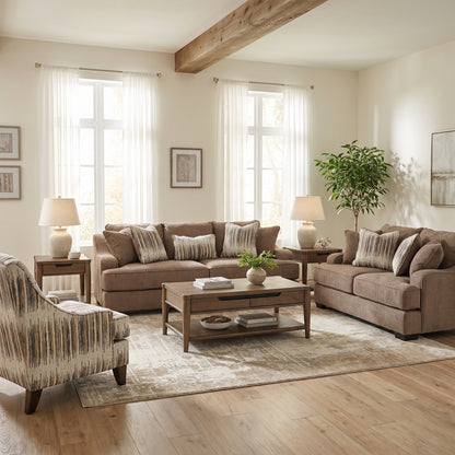 Taupe fabric sofa with matching throw pillows and wooden legs, living room seating