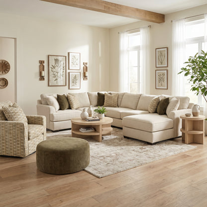 Tranquility accent chair, beige upholstered sectional with chaise and cushions
