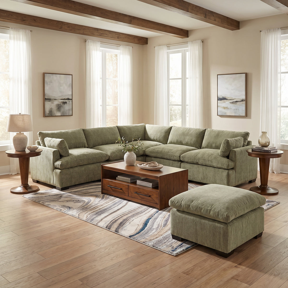 Green fabric ottoman bench with padded top and dark wood base