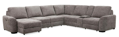Gray six-piece power sliding seat sectional with chaise and plush cushions