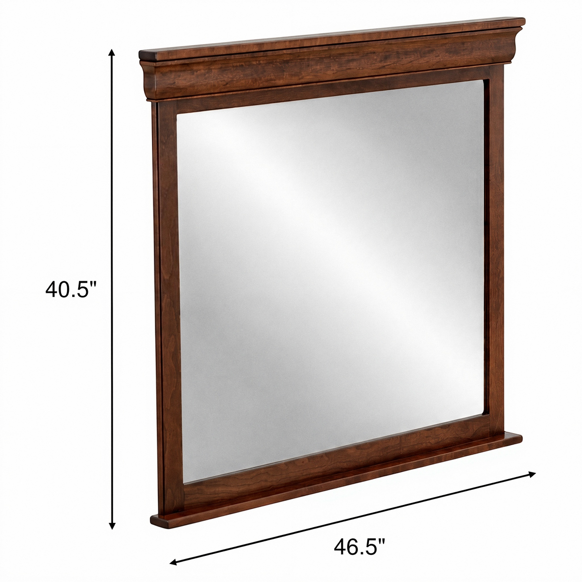 Beveled bedroom mirror, 40.5" H x 46.5" W, dark wood frame