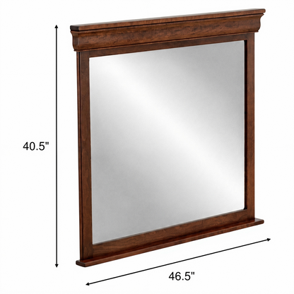 Beveled bedroom mirror, 40.5" H x 46.5" W, dark wood frame