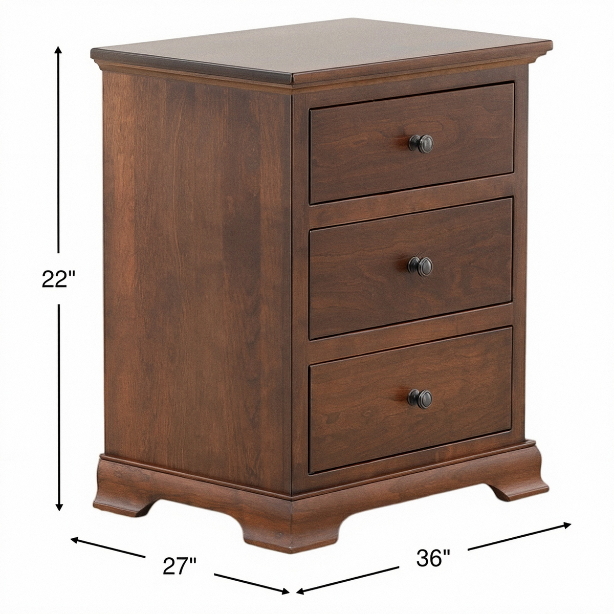 Wooden 3-drawer nightstand with three front drawers and metal knob pulls