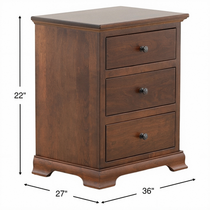 Wooden 3-drawer nightstand with three front drawers and metal knob pulls