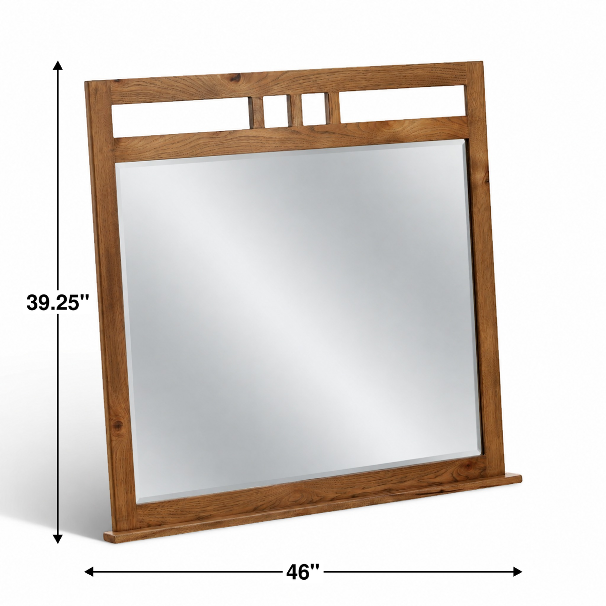 Rectangular bedroom mirror with warm wood frame and top rail cutouts