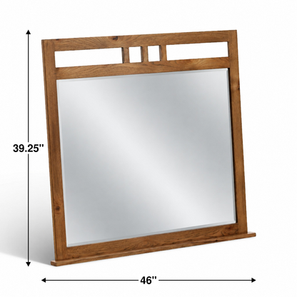 Rectangular bedroom mirror with warm wood frame and top rail cutouts