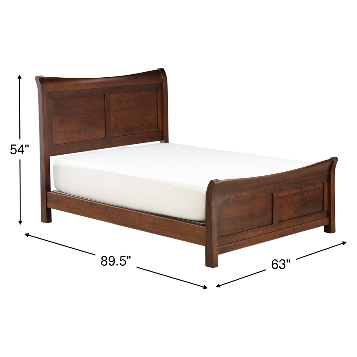 Dark wood sleigh bed with curved headboard, footboard, and white mattress