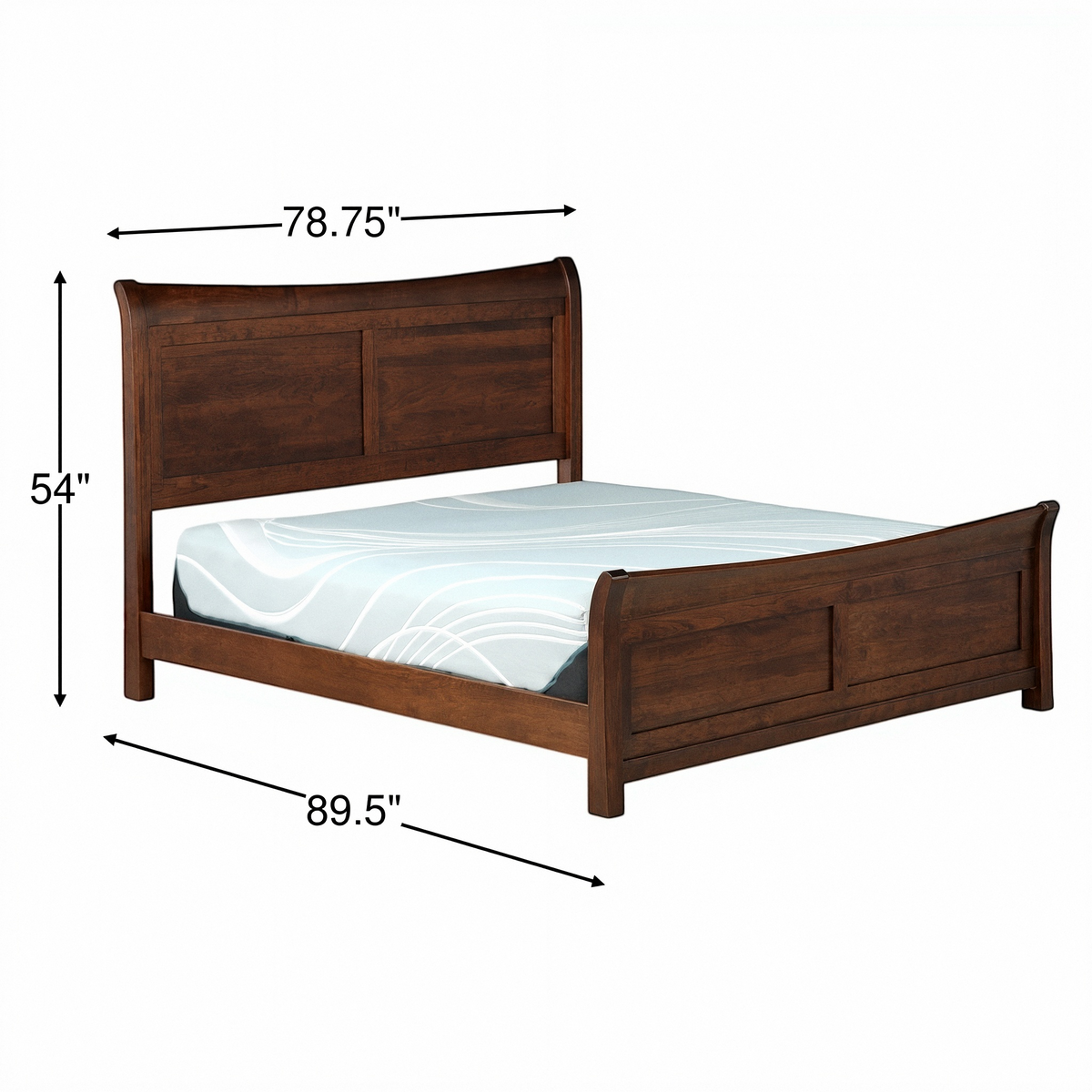 Dark wood sleigh bed with panel headboard, curved rails, and matching footboard
