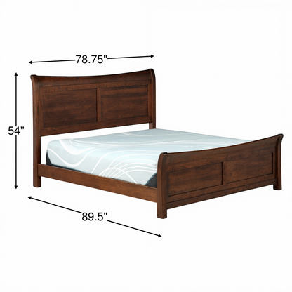 Dark wood sleigh bed with panel headboard, curved rails, and matching footboard