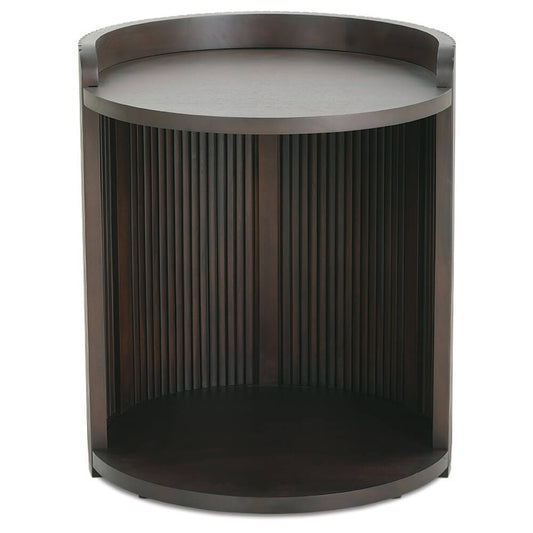 Round end table with vertical slatted cabinet sides and rounded open lower shelf