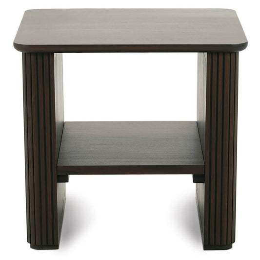 Square end table with gray top and dark slat legs, open lower shelf
