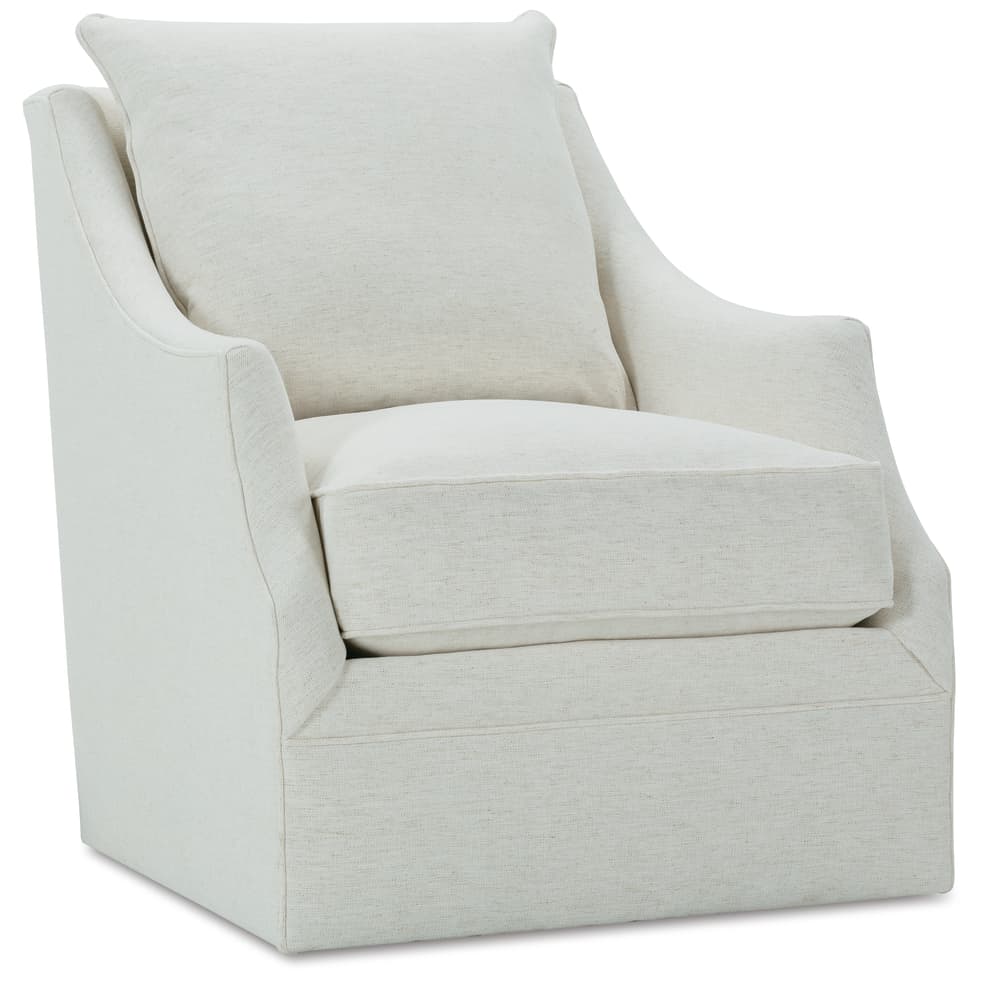 Light beige swivel glider chair with rolled arms and thick, cushioned seat