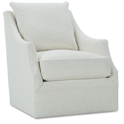 Light beige swivel glider chair with rolled arms and thick, cushioned seat