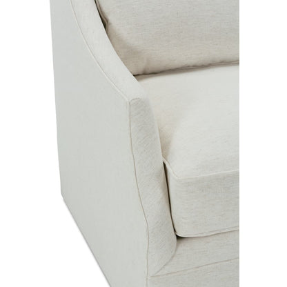 Light beige swivel glider chair close-up of armrest and front panel seam