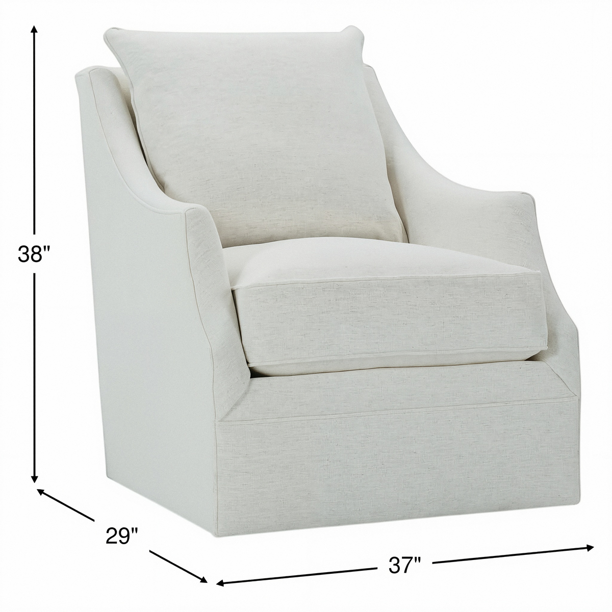 Light beige swivel glider chair with tall arms and boxy upholstered base
